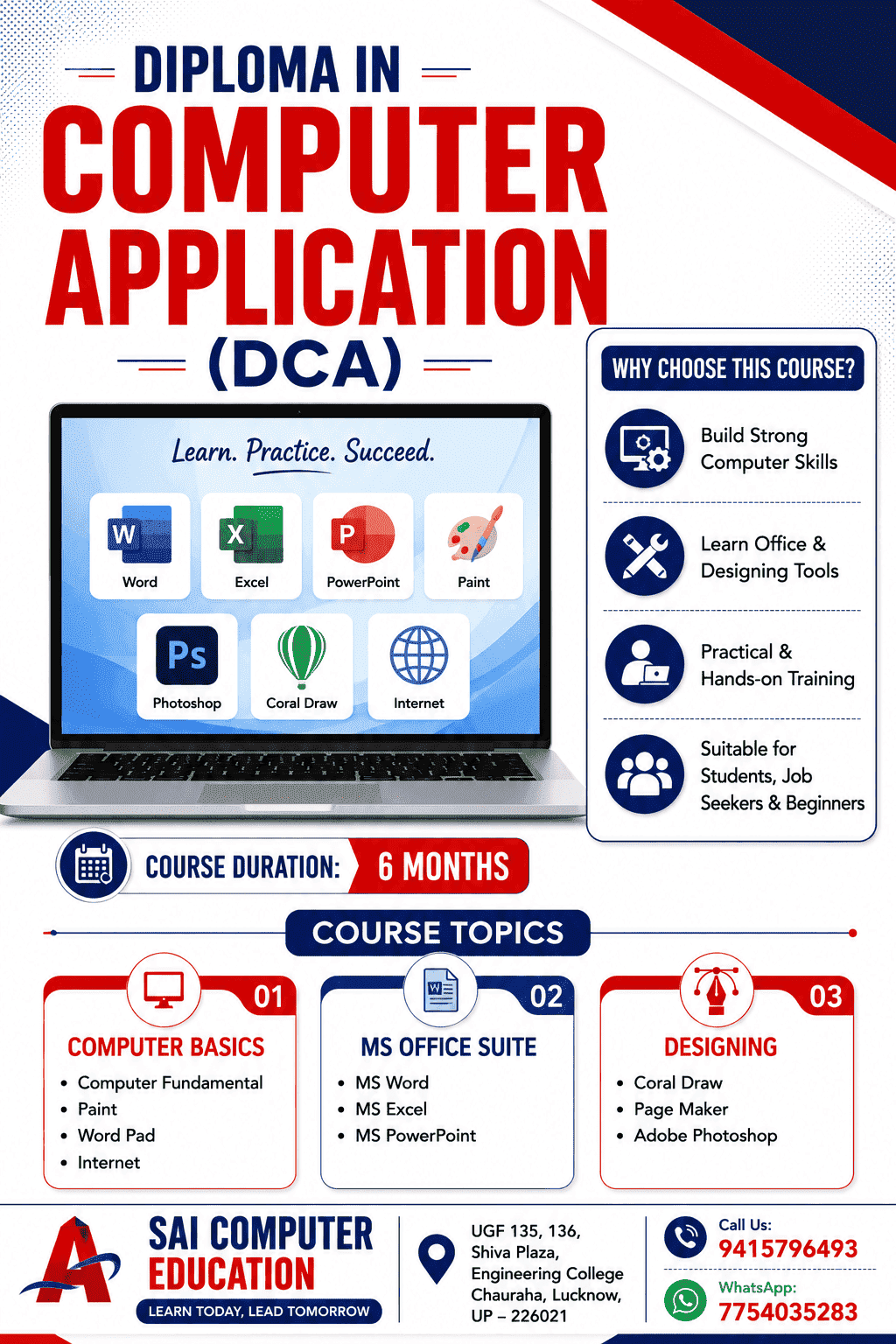 Diploma in Computer Application (DCA) classroom at SAI Computer Education, Aliganj Lucknow